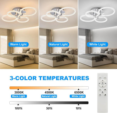 Modern LED Ceiling Light, Flush Mount Ceiling Light With Dimmable Remote Control, 6Rings Acrylic Ceiling Light Fixture For Bedroom, Living Room, Kitchen, Office Lamps 4 Heads